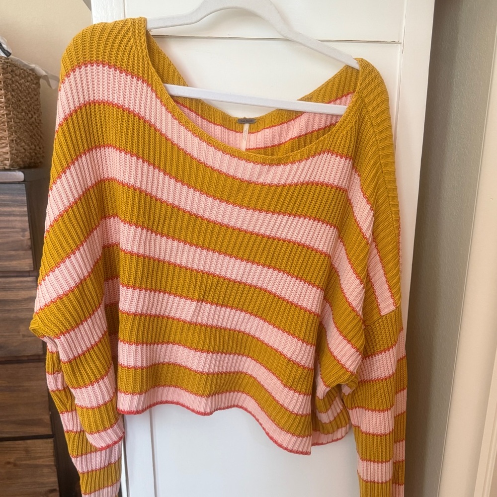 Free People Pink and Yellow Just My Stripe Pullover Sweater